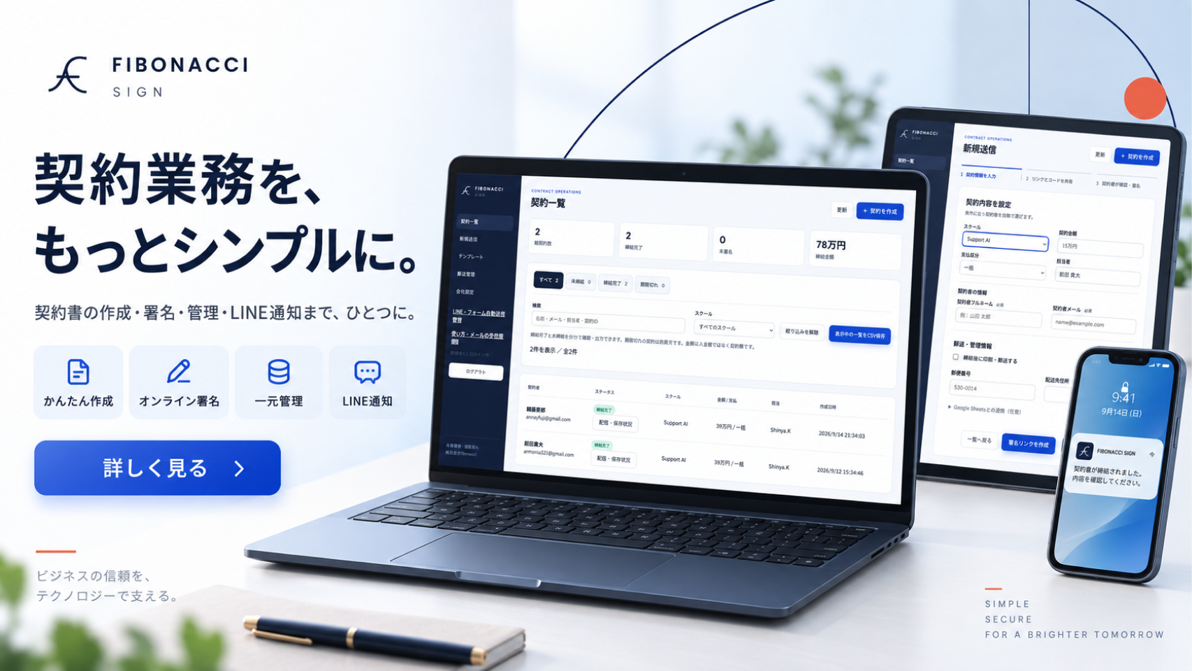 Fibonacci Signの契約一覧、新規送信、通知をパソコンとスマートフォンで紹介するモックアップ